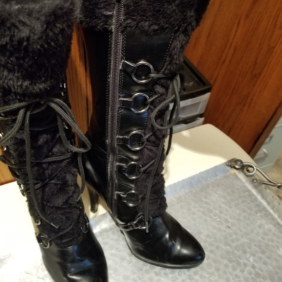 Delicious Tall Black Faux Fur Stiletto Boots - Picture 2 of 8